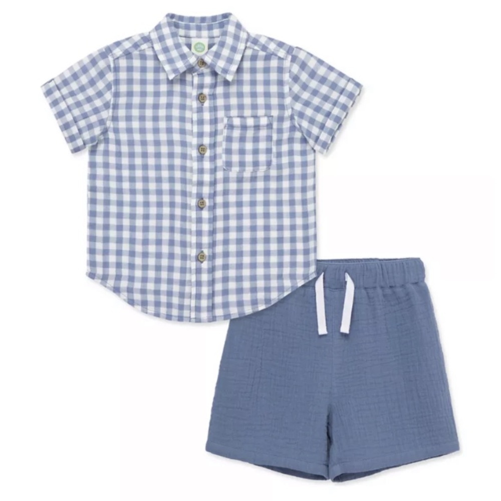 Little Me NWOT Baby Boy Blue Checkered Woven Shirt and Shorts Set